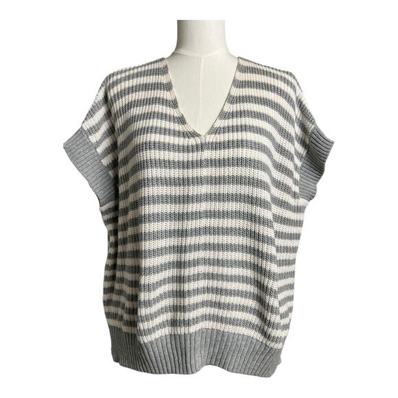 LOFT Womens Sweater S Small Cotton Gray White Strip Short Sleeve Vest Casual - Picture 1 of 5